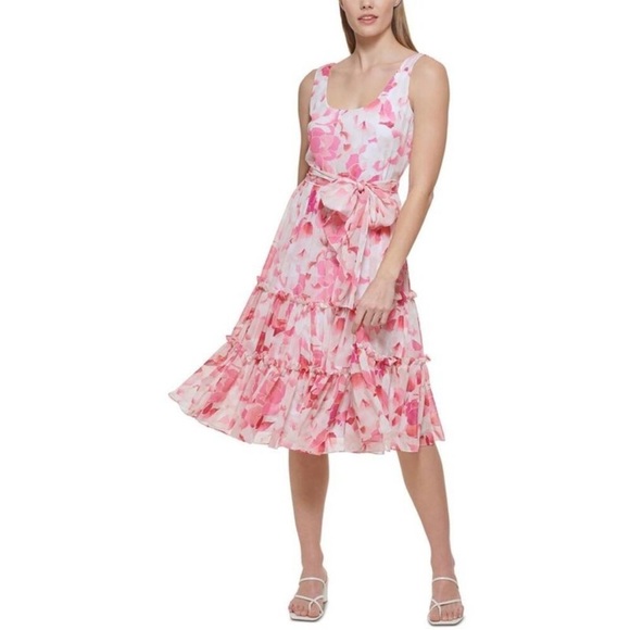 Calvin Klein Womens Pink Chiffon Floral Summer Midi Dress NWOT size 6 - Picture 1 of 11